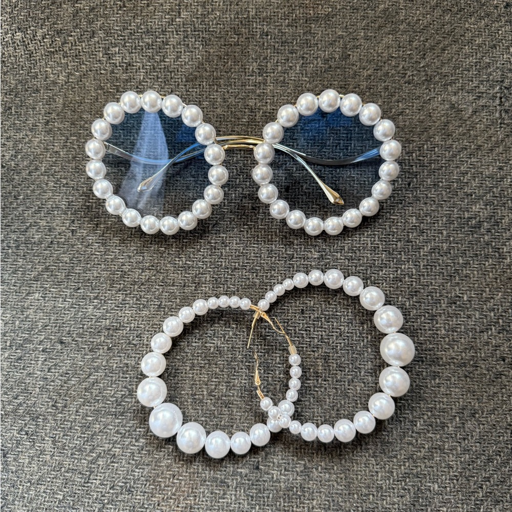 Pearl-Embellished Round Sunglasses and Earrings Set